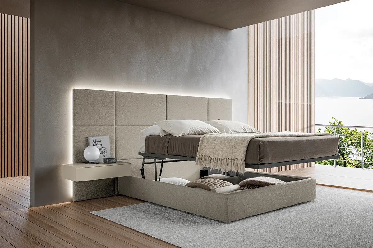 Chambre avec lit coffre et tête de lit contemporaine